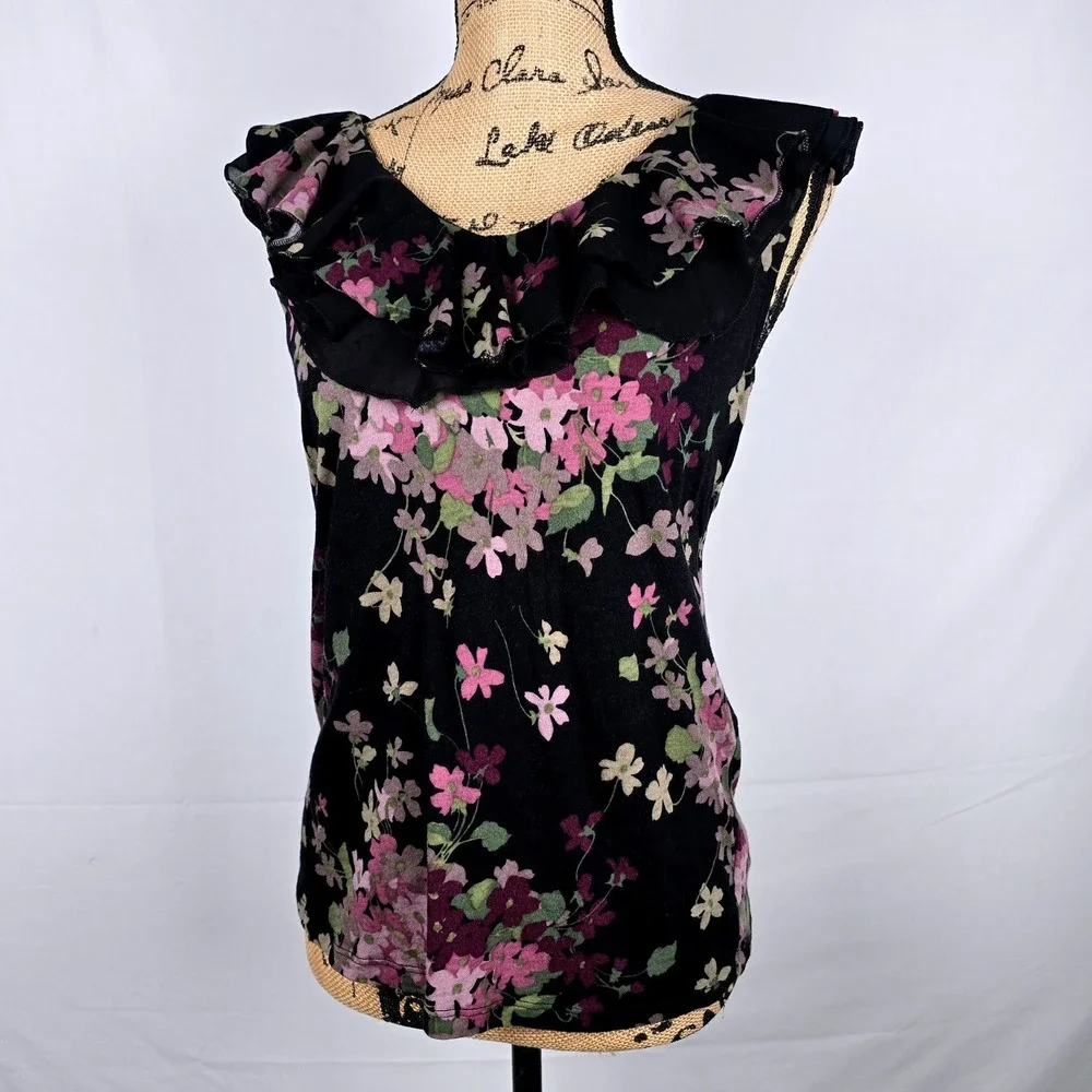 Lauren Ralph Lauren Floral Ruffle‎ V-Neck Sleeveless Top Black Purple Cotton L